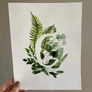 Floral Greenery Monogram Letter C - Watercolor Art Print - 8" x 10"